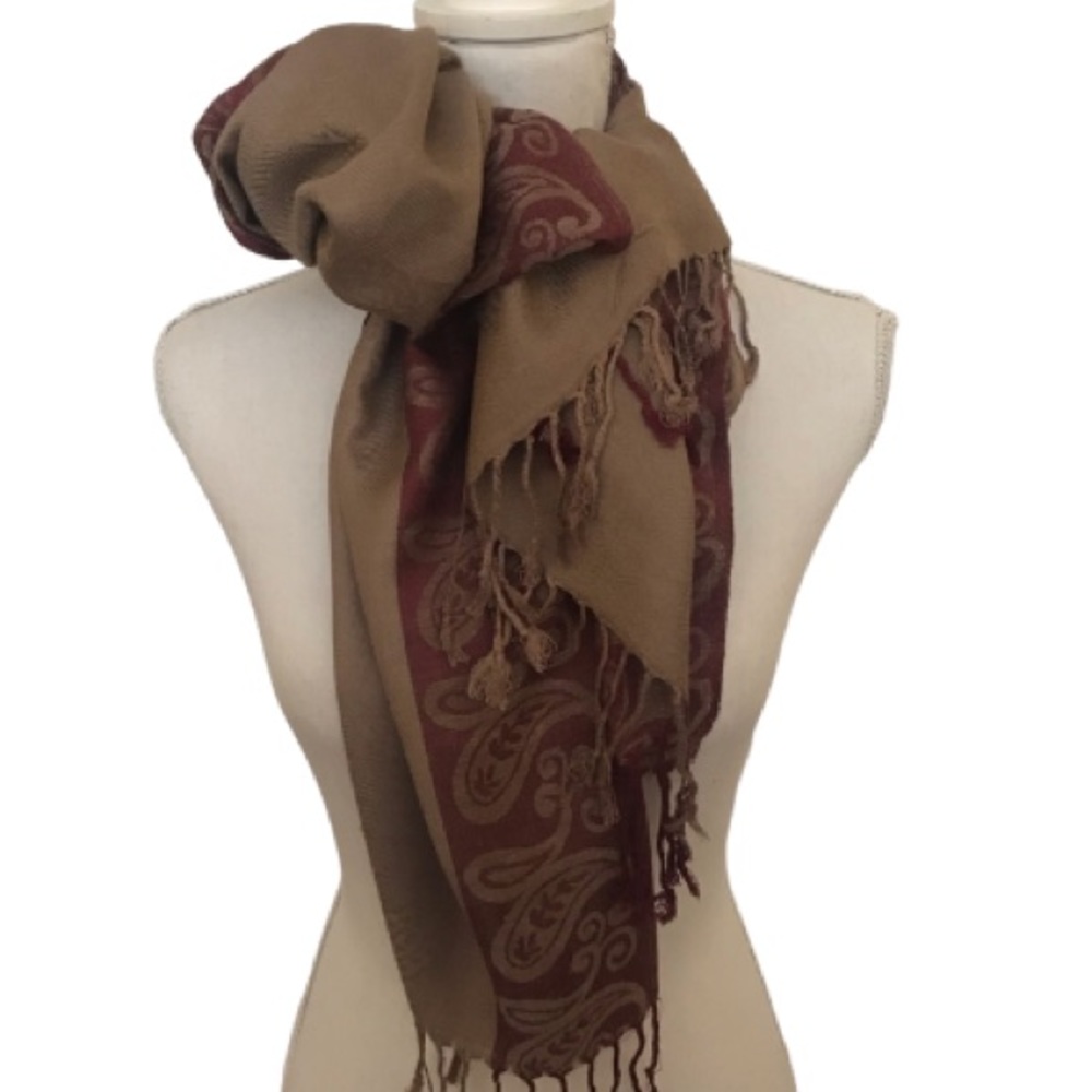 Cashmere Pashmina Wrap Scarf with paisley print border. Brown NWOT